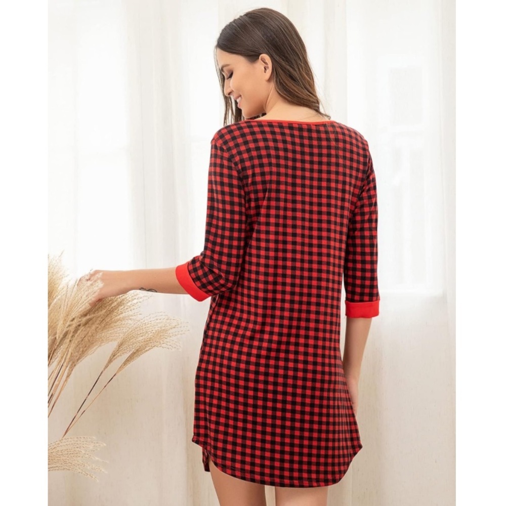 Ekouaer Women’s Plaid 3/4 Sleeve Button Down Sleep Dress/Sleep Shirt/Pajamas|NEW - Picture 4 of 10